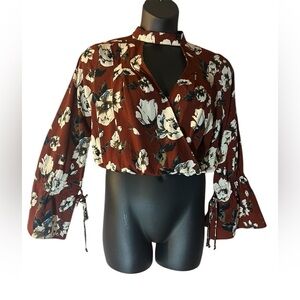 Al’tard State Floral faux Wrap coquette Top blouse Brown and White Size Medium